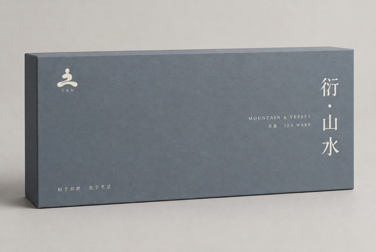 Concept render of the indigo-grey Mountain & Vessel gift box with an ivory YAN emblem and vertical title.