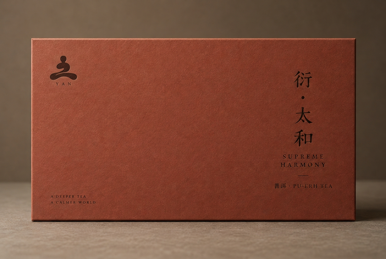 Concept render of the warm ochre-red Harmony Pu’er gift box with a dark-ink YAN emblem and vertical title.
