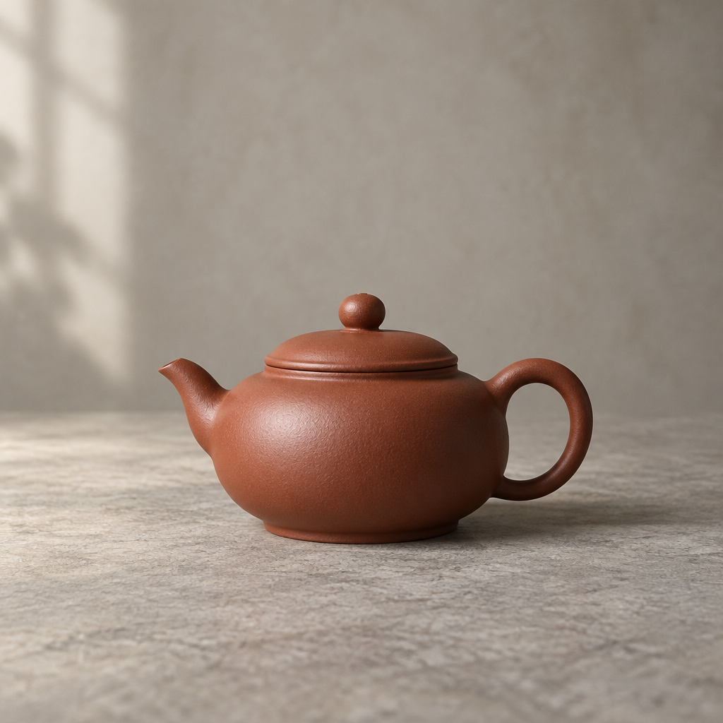 A small vermilion Zhu Ni zisha Shui Ping teapot on a stone surface in soft window light.