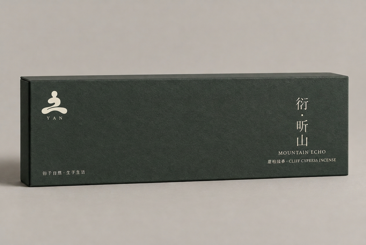 Concept render of the deep pine-green Mountain Echo incense gift box with an ivory YAN emblem and vertical title.