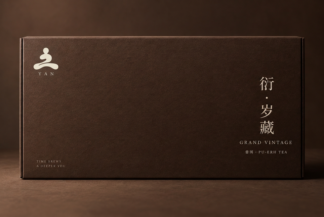 Concept render of the deep tea-brown Time Reserve Pu’er gift box with an ivory YAN emblem and vertical title.