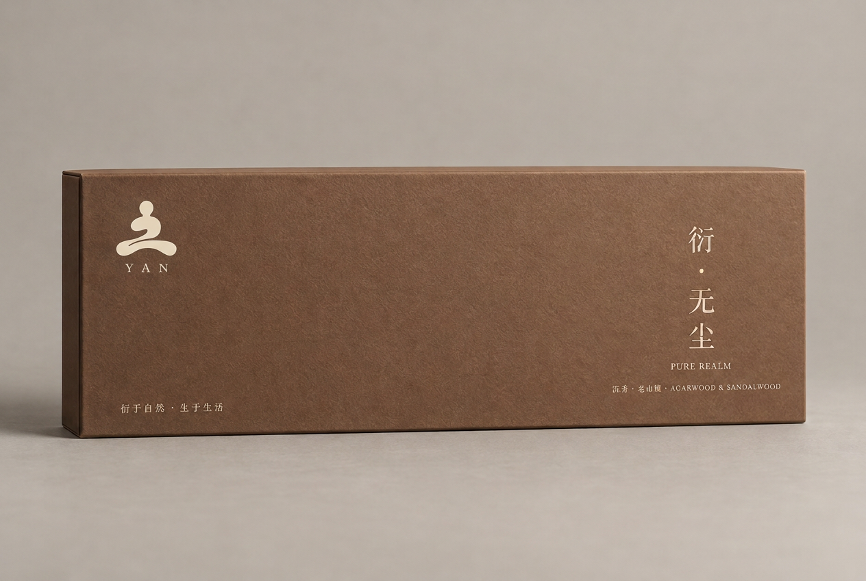 Concept render of the warm sandalwood-brown Pure Realm incense gift box with an ivory YAN emblem and vertical title.