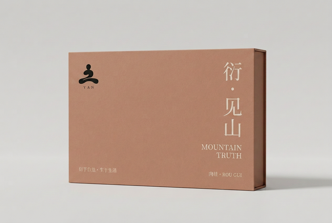 Concept render of the muted terracotta Mountain Truth tea gift box with the dark-ink YAN emblem.