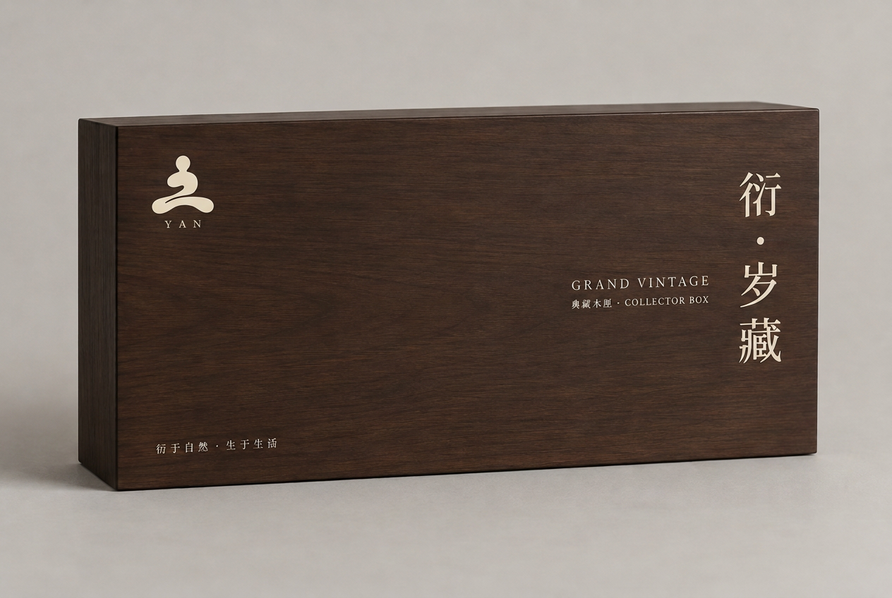 Concept render of the dark walnut Grand Vintage collector box with an ivory YAN emblem and vertical title.