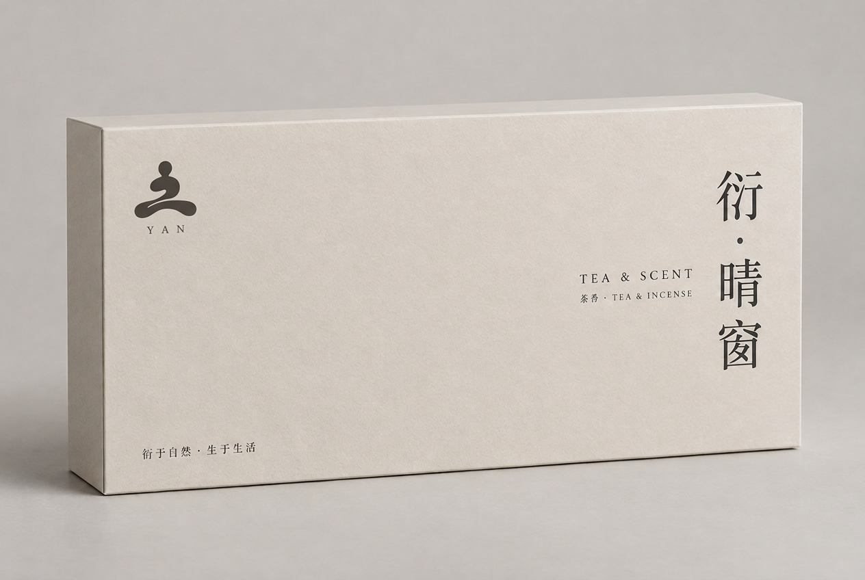 Concept render of the warm oat Tea & Scent gift box with a dark-ink YAN emblem and vertical title.