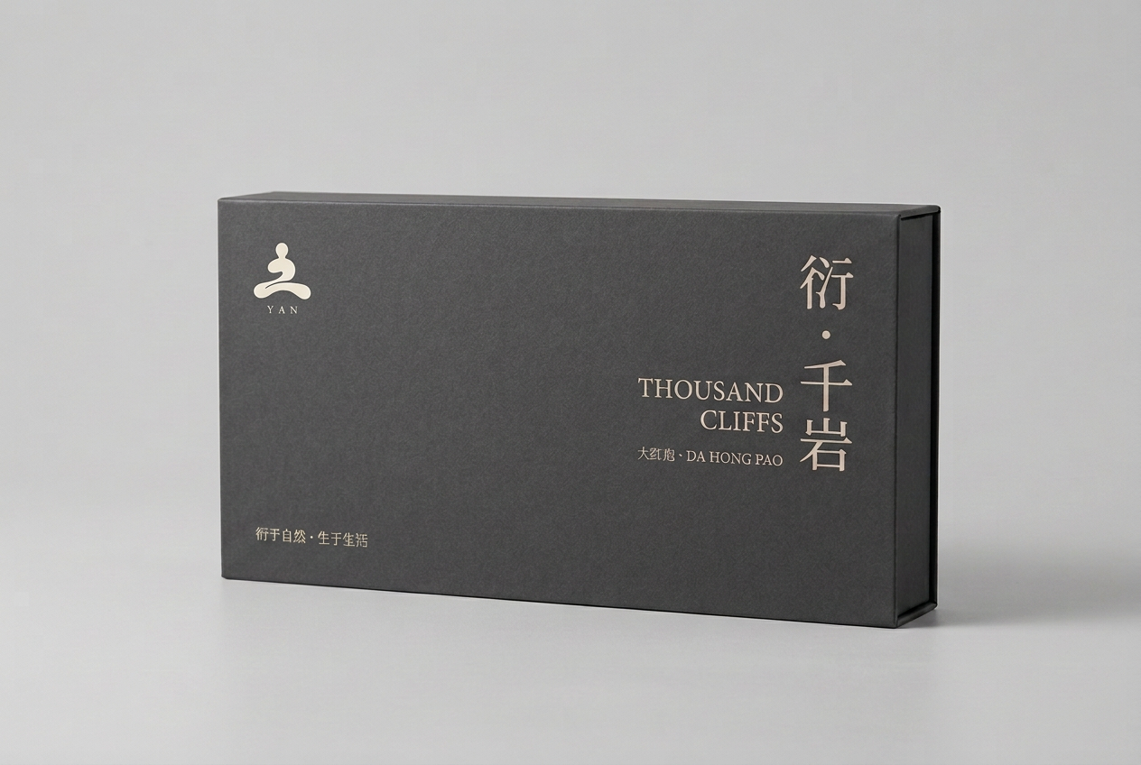 Concept render of the matte graphite-grey Thousand Cliffs tea gift box with the ivory YAN emblem.