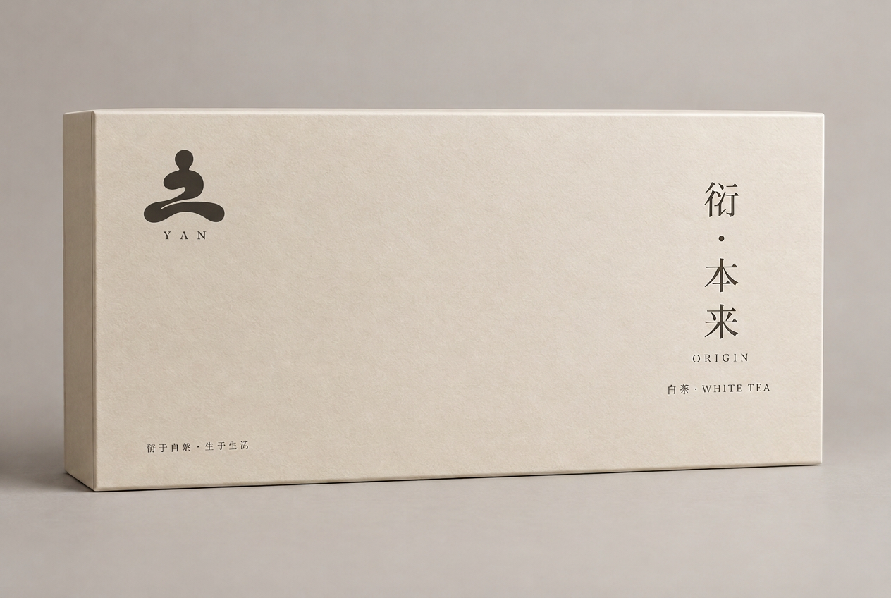 Concept render of the warm aged-ivory Origin white tea gift box with a dark-ink YAN emblem and vertical title.