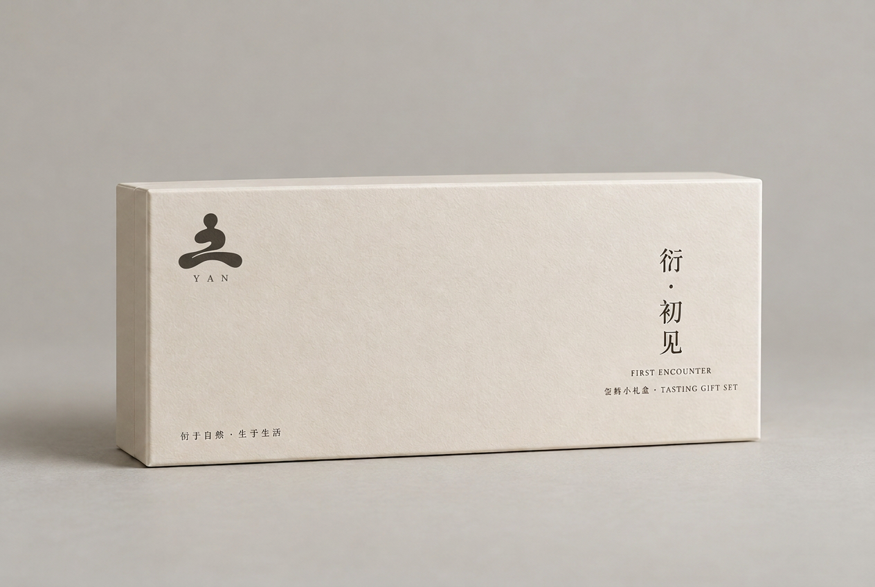 Concept render of the small soft-ivory First Encounter tasting gift box with a dark-ink YAN emblem and vertical title.