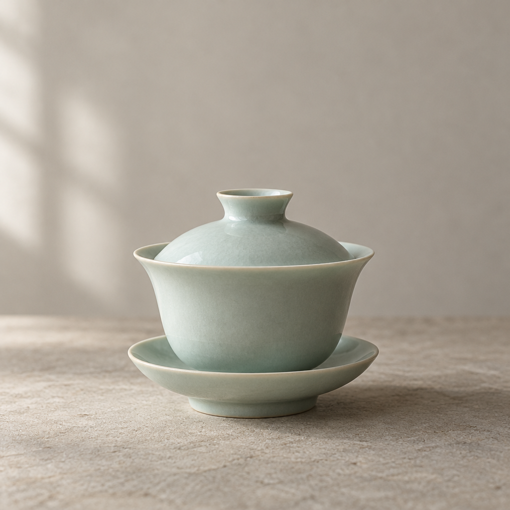 A handcrafted pale celadon gaiwan with lid and saucer on a stone surface in soft window light.