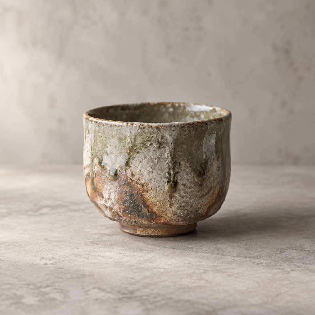 A wood-fired tea cup with natural plant-ash glaze and flame-kissed variations on a stone surface.