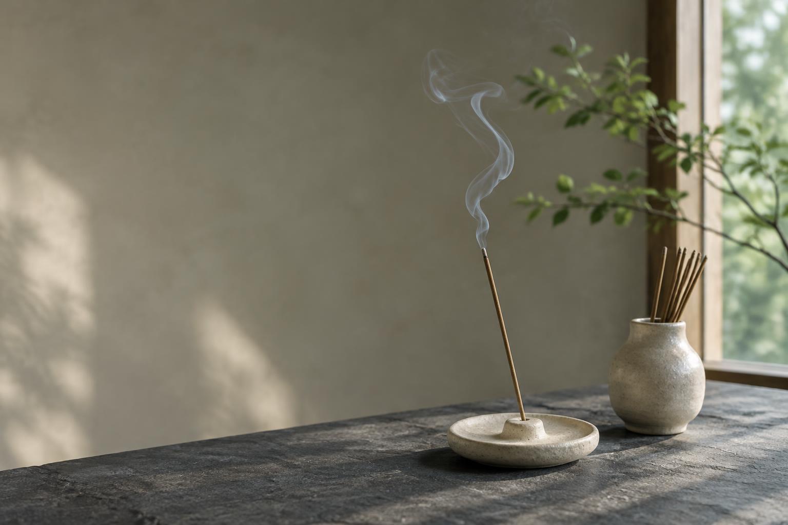 A slender incense stick with rising smoke in a pale holder on a stone surface.