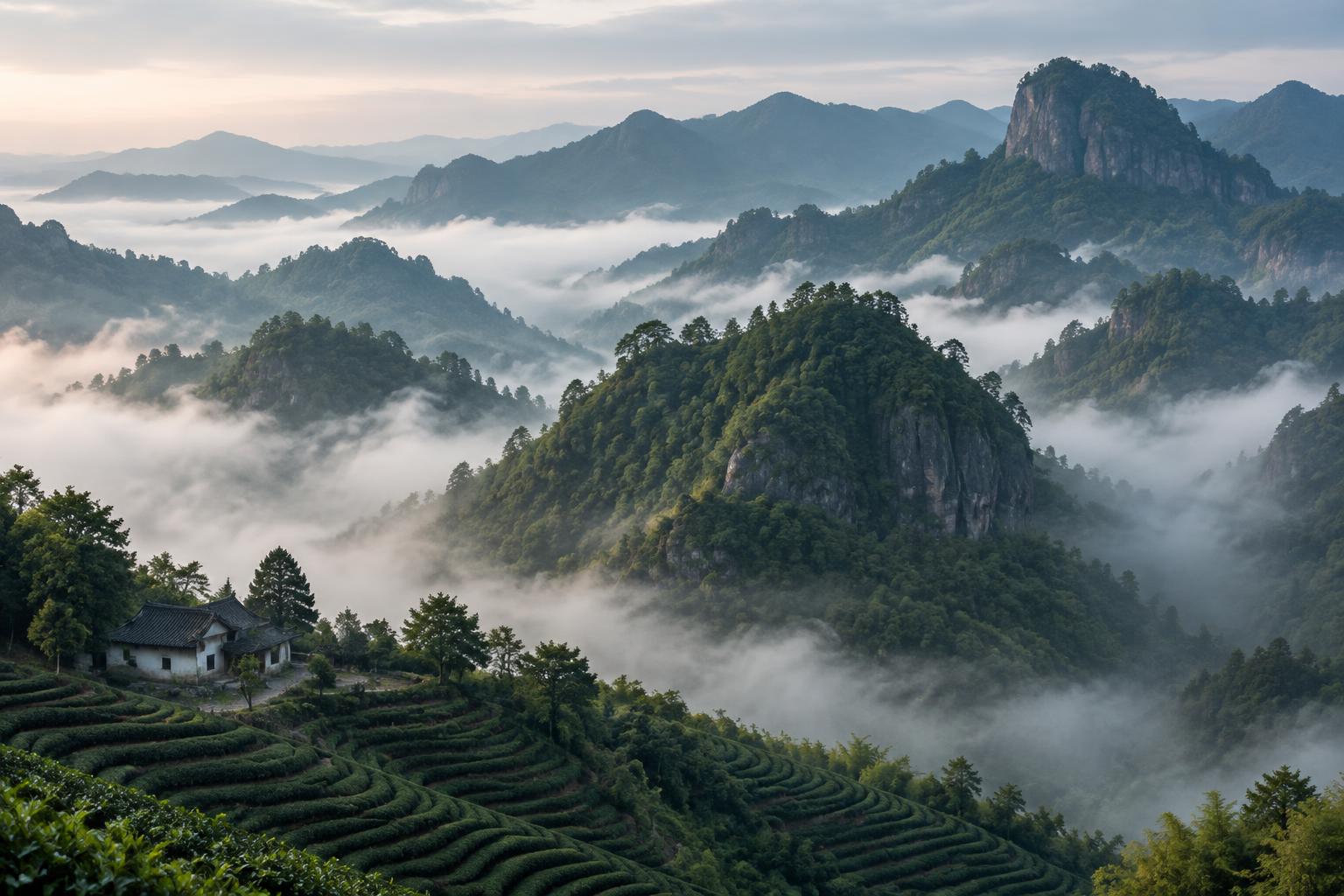 Layers of green mountain ridges and terraced slopes fading into mist.
